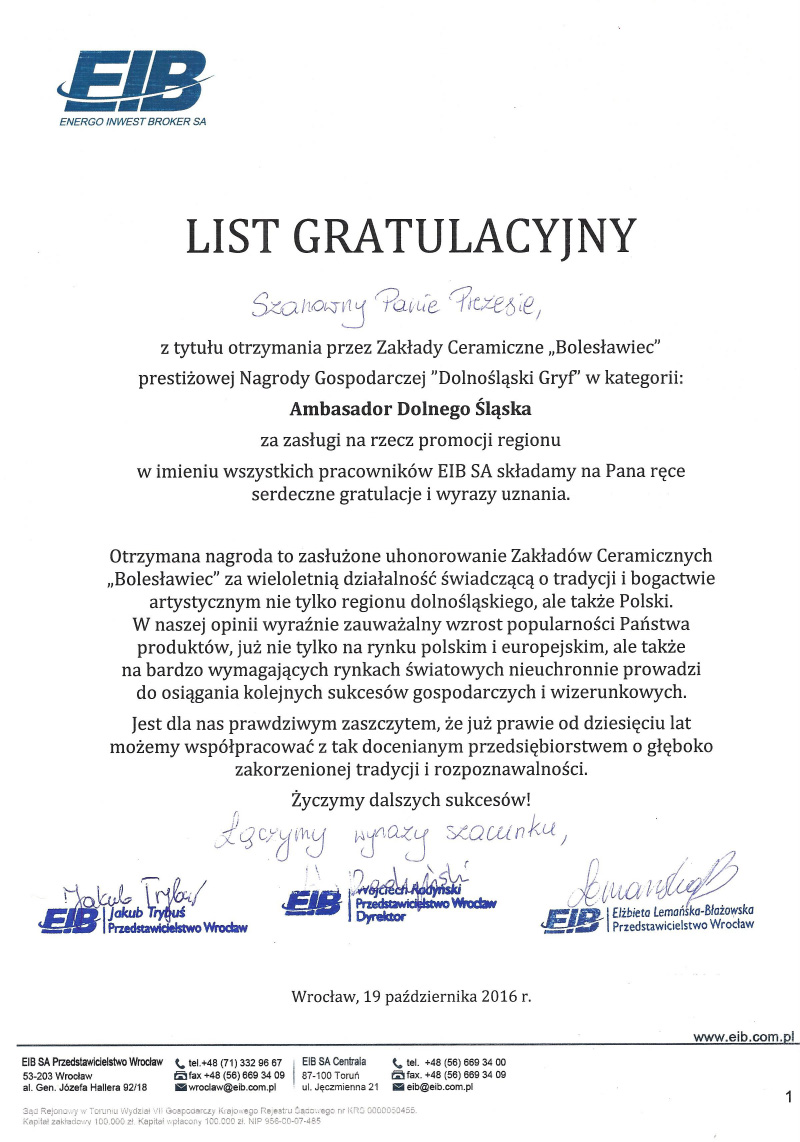Congratulatory letter 2016