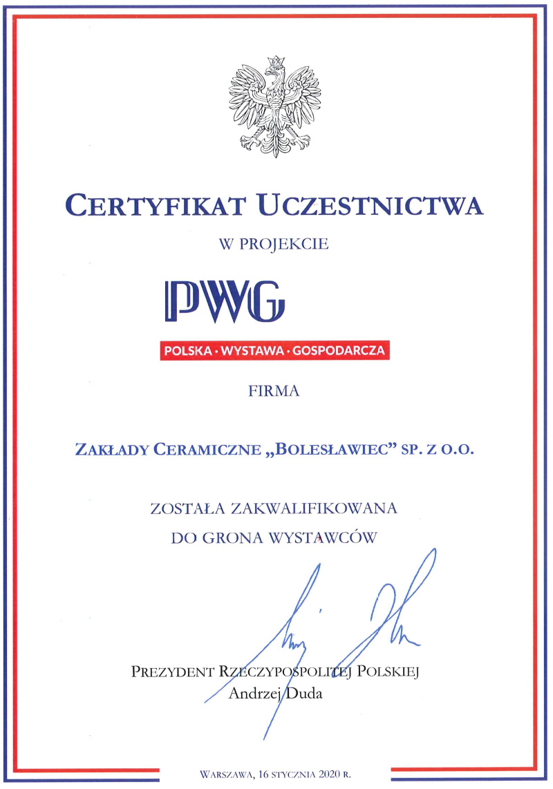 Certyfikat Uczestnictwa w Projekcie PWG 2020